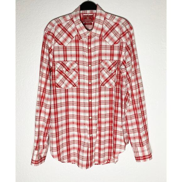 Lucky Brand Mens Pearl Snap Button Up Shirt Western Rodeo Red White Plaid Cotton - Picture 1 of 8